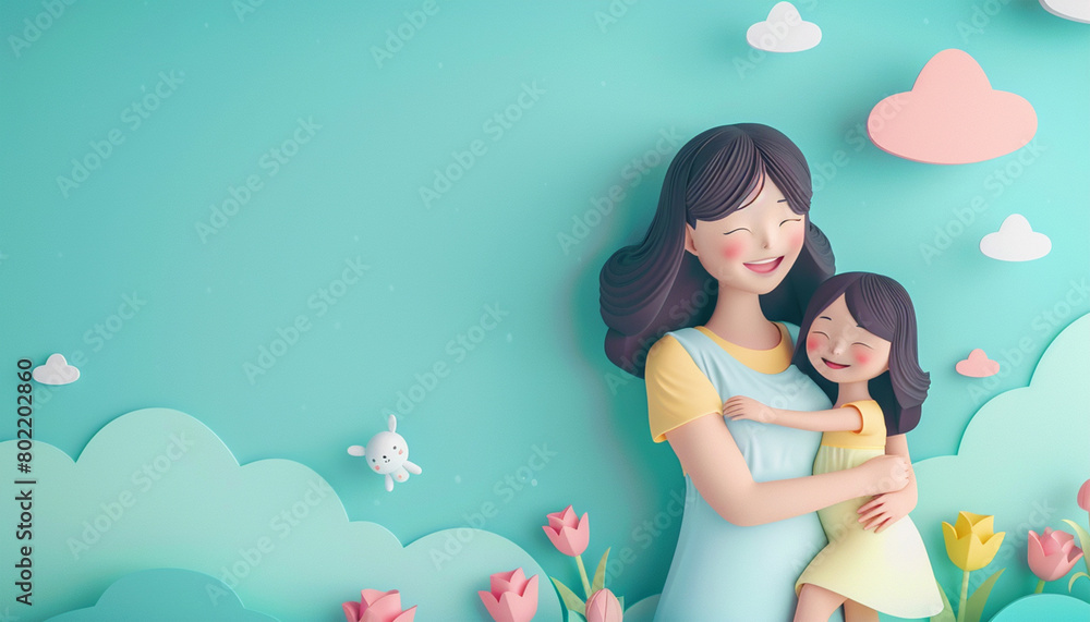 © DesiArt - Cute mother and daughter 3D rendered cartoon illustration - ai generative