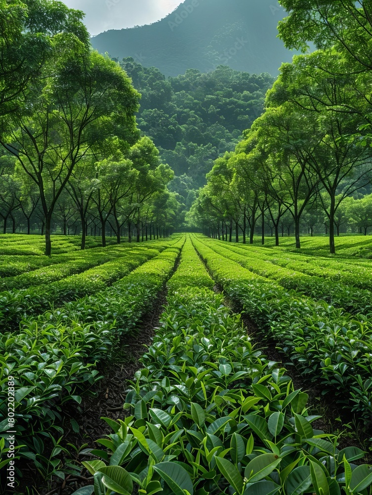 The image shows a beautiful tea plantation with lush green tea bushes and a hill in the background. The image shows a beautiful tea plantation with lush green tea bushes and a hill in the background.