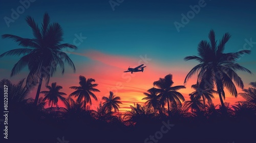 Warm twilight sky with a gradient of colors behind the dark outline of swaying palms and a small aircraft. © nur