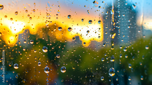 A close-up of a water droplet on a window pane refracts the world outside photo