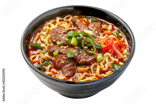 Ramen soup with beef isolated on transparent background.