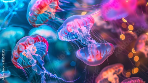 colorful many jellyfish in and environment of streaks of light and blurred shapes to suggest the movement of sound waves 