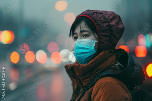 Innovators launch a wearable device that monitors air quality and alerts users to pollution hotspots in realtime, Sharpen close up hitech concept with blur background photo
