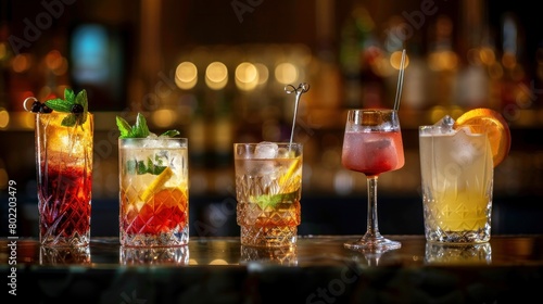 Selection of best selling cocktails martini spritz mojito in bar blurred background, Cocktail El Diablo and Cosmopolitan on bar counter alcohol collection bartender liqueur