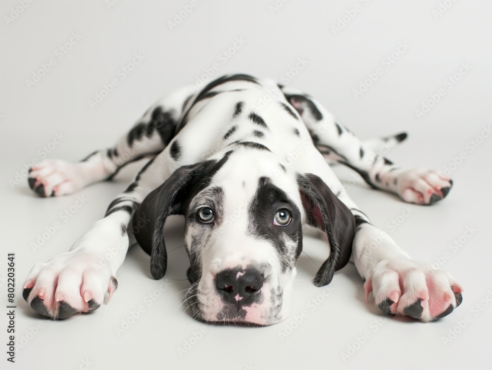 Cute Dalmatian puppy lying on the floor with a relaxed and attentive expression.