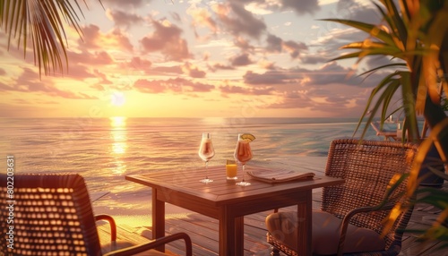 On the tropical resorts balcony, a wooden table with sea view and beach creates an inviting space for evening cocktails, Sharpen 3d rendering background