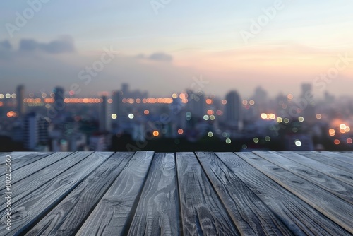 Overlooking the blurred cityscape, the wooden table on the rooftop creates a dramatic contrast with the urban environment, Sharpen 3d rendering background © JK_kyoto