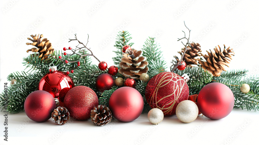 Christmas balls and wreath on white background