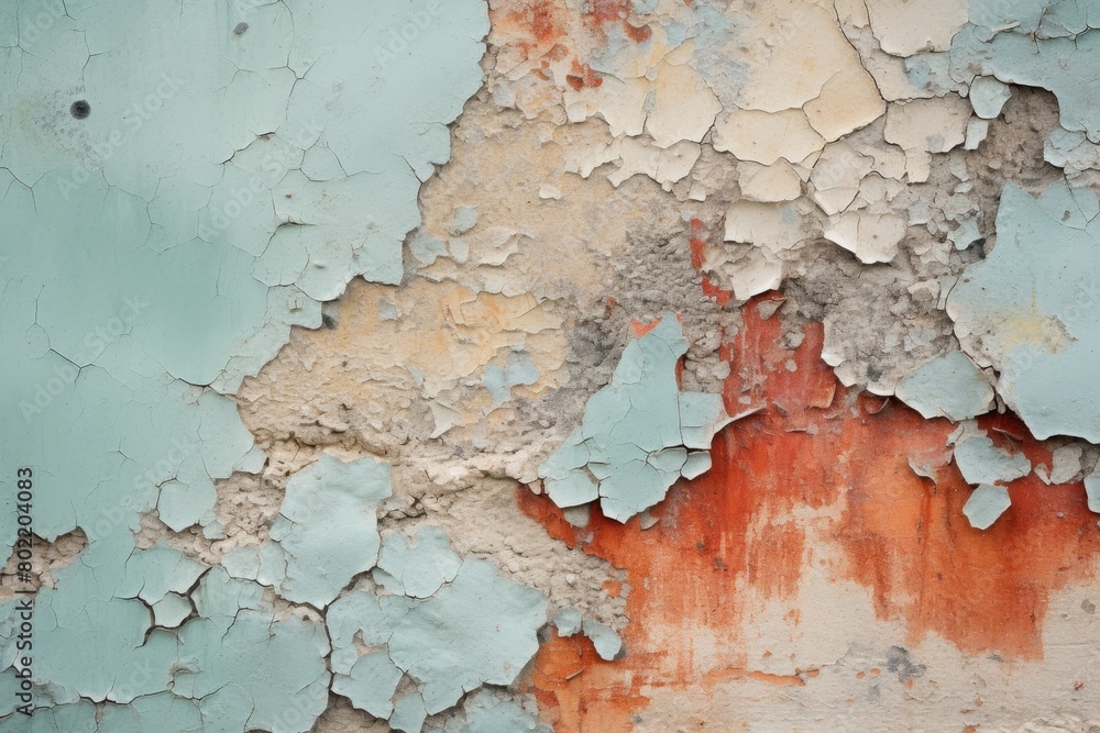 Obraz premium Textured close-up of a decaying wall with peeling light blue and orange paint, showcasing the effects of time and weather on materialsConcept: Aging architecture, weathered textures, urban decay, pe