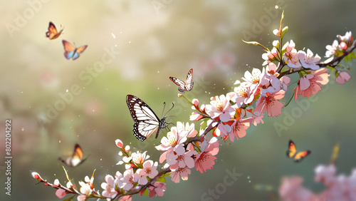 Butterflies on a Cherry Blossom Branch