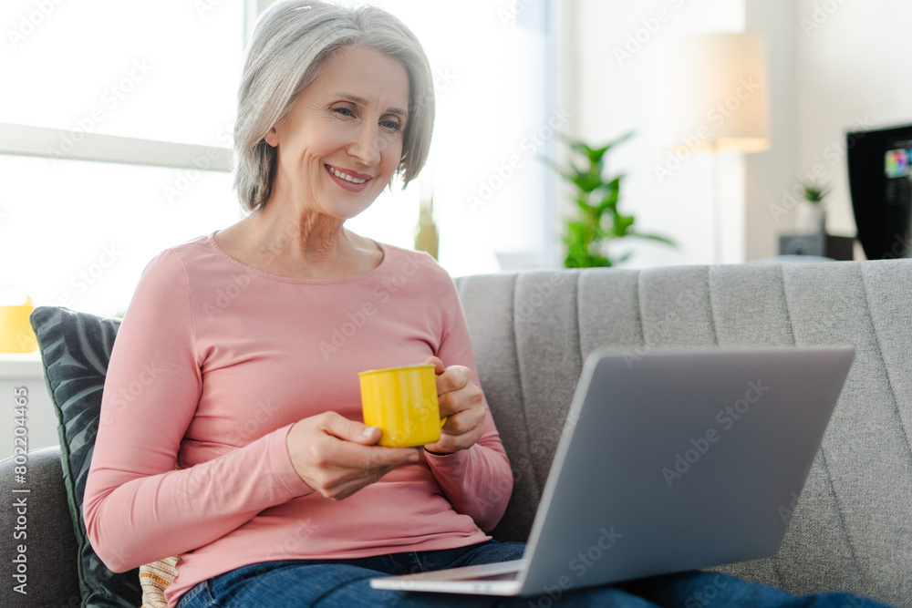 Smiling senior woman using laptop computer, holding coffee cup, sitting on comfortable sofa Smiling senior woman using laptop computer, holding coffee cup, sitting on comfortable sofa