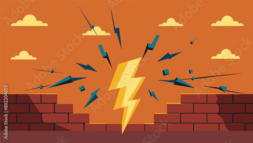 A storm of electric bolts shatters an endless unrelenting wall of brick revealing a peaceful sundrenched meadow on the other side..