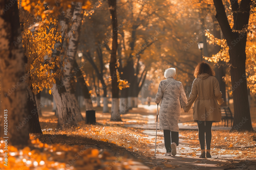 Rear view of senior white haired woman walking in public park hand in hand with mature daughter. Friendship, support, care and affection for older people Rear view of senior white haired woman walking in public park hand in hand with mature daughter. Friendship, support, care and affection for older people