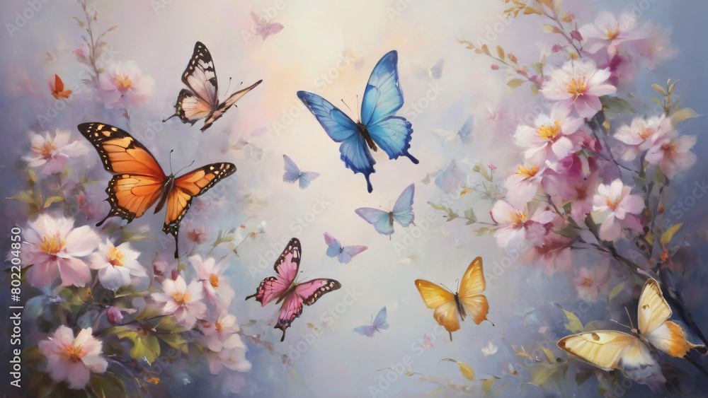 Ethereal Dance of Butterflies Amidst Blossoming Flowers