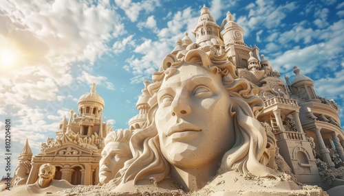 The banner background for a sand sculpture festival displays intricate and towering sculptures on a sunny beach photo