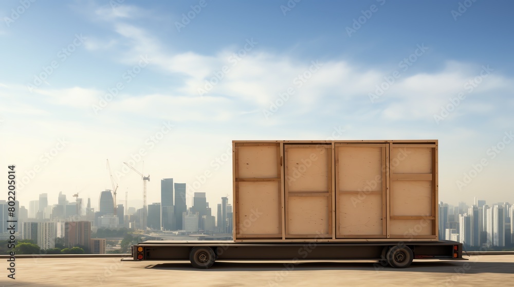 A large wooden crate sits on a flatbed trailer in front of a hazy cityscape.