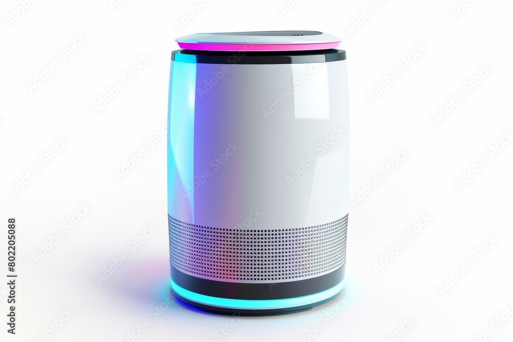 The image showcases a hitech air purifier, cylindrical and equipped with advanced filters and subtle neon indicators, ensuring clean air, Sharpen isolated on white background The image showcases a hitech air purifier, cylindrical and equipped with advanced filters and subtle neon indicators, ensuring clean air, Sharpen isolated on white background