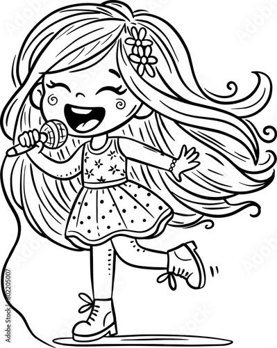 Cute cartoon little girl with long flowing hair sings song with microphone in her hands. Isolated outline illustration