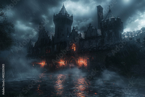 A haunted castle on a stormy night, with flickering lights, howling wind, and ghostly figures roaming the halls.