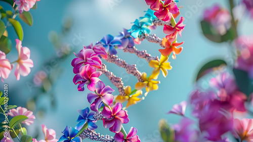 A double helix DNA strand formed by colorful flowers, representing the beauty and complexity of life photo