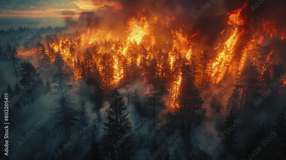 Capturing the fierce intensity of a forest fire, an aerial drone reveals the destructive power unleashed amidst the burning trees. Capturing the fierce intensity of a forest fire, an aerial drone reveals the destructive power unleashed amidst the burning trees.
