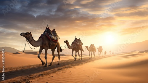 Delivery of goods and cargo to cities where there are no roads. Caravan in the desert in the rays of the sun at sunset.