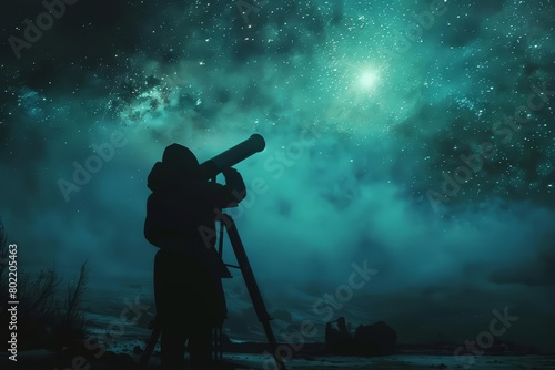 The silhouette of an astronomer peering through a telescope