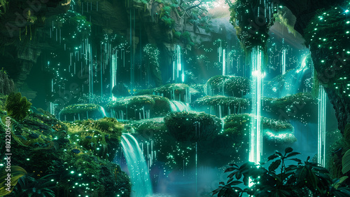 A lush alien landscape with bioluminescent plants and waterfalls  defying earthly lifeforms