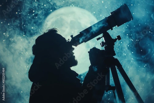 The silhouette of an astronomer peering through a telescope photo