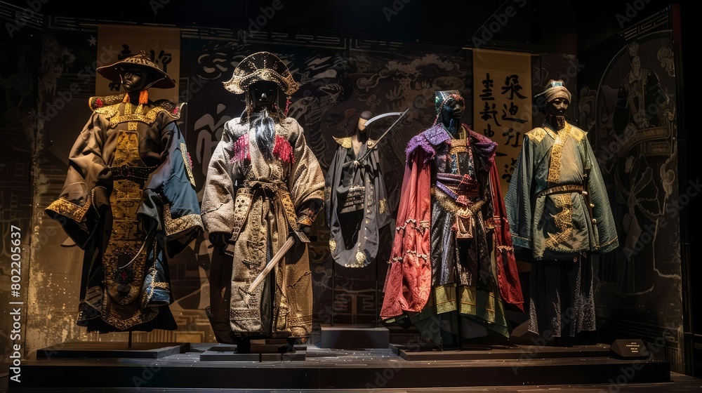 The stage podium of historical battle reenactments brings the past to life with meticulously detailed costumes and weaponry displayed on fashion showcase pedestals