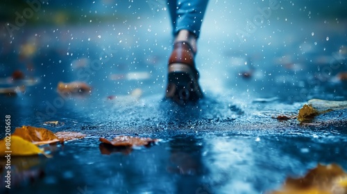 person walking o a wet road with puddles in autumn.  photo