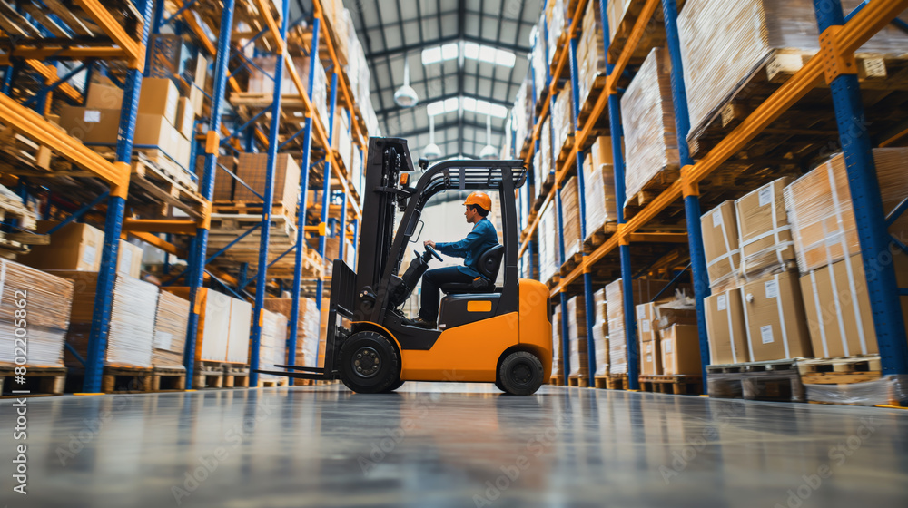 Forklift operator working in a large industrial warehouse Forklift operator working in a large industrial warehouse