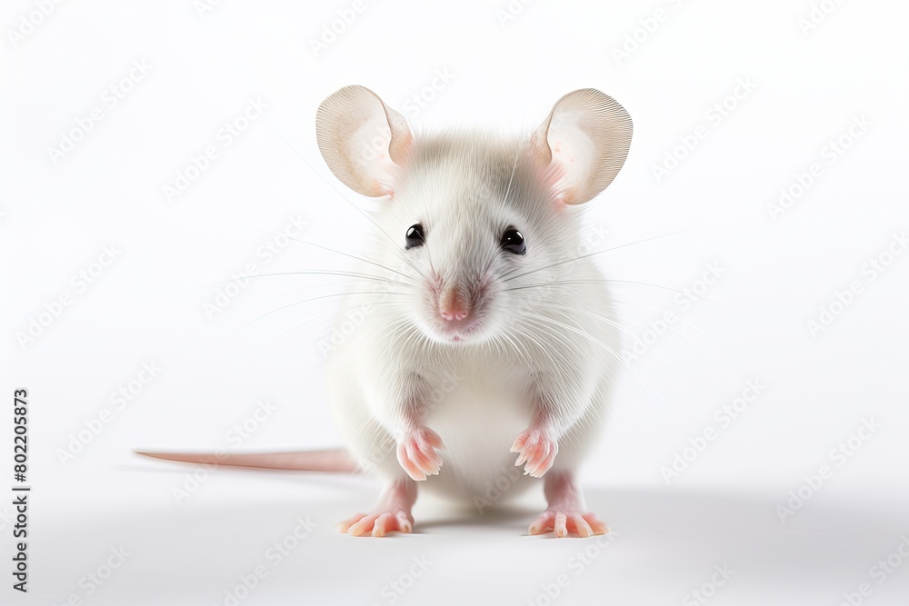 A small laboratory mouse looks into the camera. Photo on a white background. AI generated image. A small laboratory mouse looks into the camera. Photo on a white background. AI generated image.