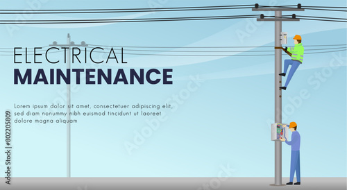 electrical maintenance service website design, electrical worker repair electric pole vector illustration photo