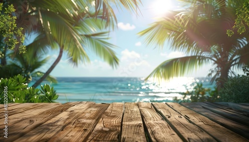 The wooden table at the heart of a summer park blends into the blur tropical beach, crafting a double delight of nature, Sharpen 3d rendering background