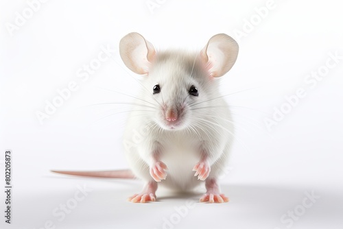 A small laboratory mouse looks into the camera. Photo on a white background. AI generated image.