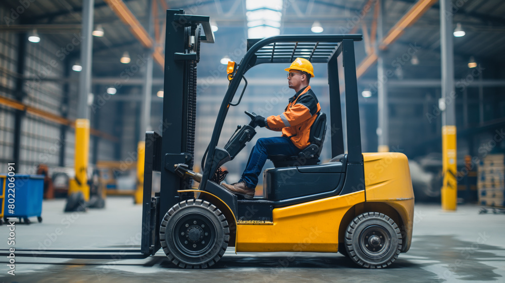 Forklift operator working in a large industrial warehouse Forklift operator working in a large industrial warehouse