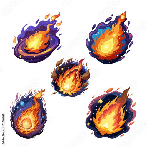Set of burning meteor comet falling down fast illustration