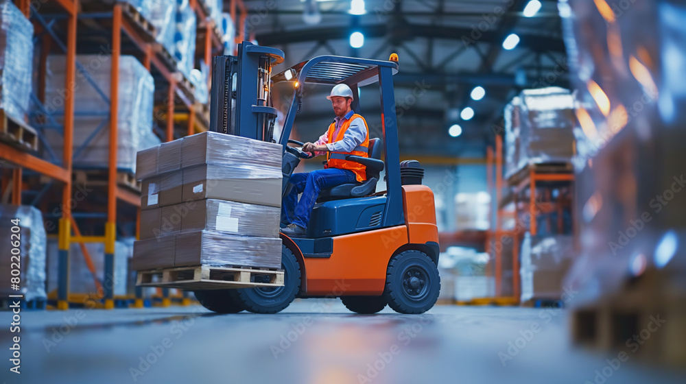 Forklift operator working in a large industrial warehouse