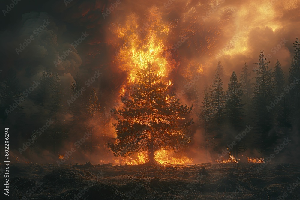 Witness the eerie twilight moment as a solitary tree is devoured by fierce flames within the heart of the forest. Witness the eerie twilight moment as a solitary tree is devoured by fierce flames within the heart of the forest.