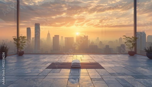 This banner background for a rooftop yoga class showcases a serene urban setting at sunrise