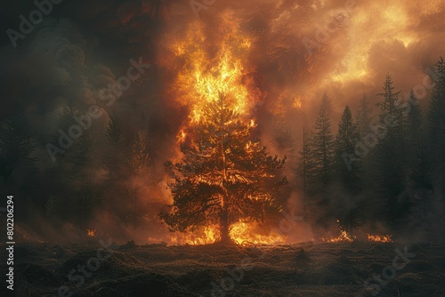 Witness the eerie twilight moment as a solitary tree is devoured by fierce flames within the heart of the forest. photo