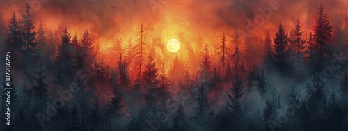 The smoke-wrapped forest witnessed a dramatic sunset, its colors intensified by the haze, painting a visually stunning yet somber tableau. photo