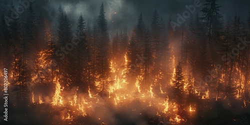 A hauntingly beautiful image captures the ominous glow of fires piercing the thick forest haze, shrouded in enigmatic peril. photo
