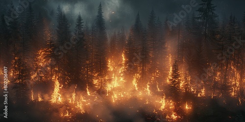 A hauntingly beautiful image captures the ominous glow of fires piercing the thick forest haze, shrouded in enigmatic peril.