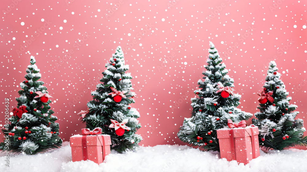 Christmas trees with gifts and snow on pink background
