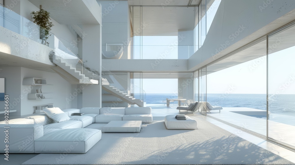 Fototapeta premium White minimalist living rooms are designed with high ceilings and expansive windows, creating a serene atmosphere, Interior 3d render Sharpen highdetail realistic concept