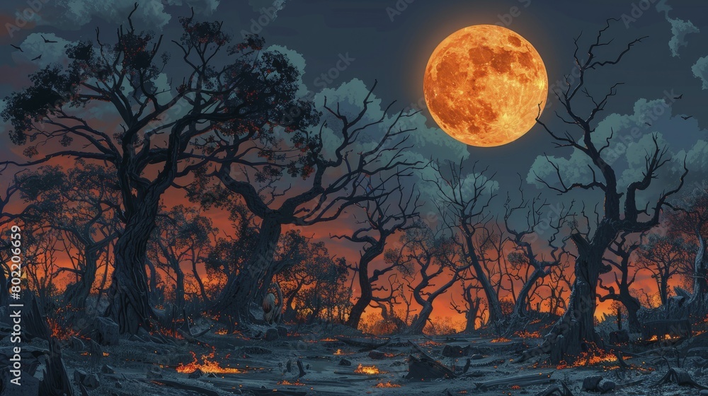 The burnt forest glowed eerily under the full moon, casting haunting shadows and silhouettes, enveloping an intense, dramatic aura.