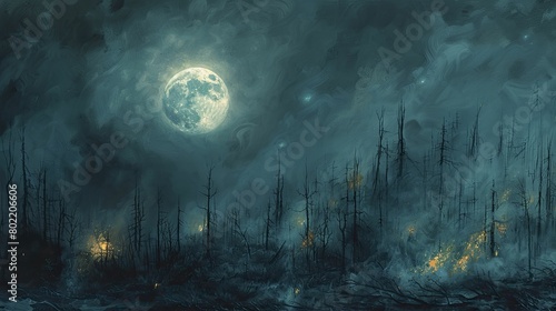 The burnt forest glowed eerily under the full moon  shadows intertwining to craft a chilling and intense ambiance.