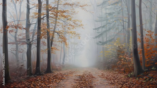 Ethereal Autumn Forest Path Meandering Through Misty Woodland Landscape